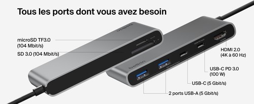 Connectique du hub Belkin avec lecteurs SD et microSD