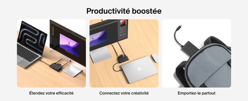 Hub USB-C Belkin Connect utilisé au bureau et transporté dans un sac