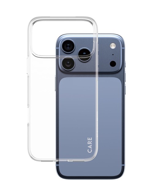 Coque X-Ray transparente CARE by PanzerGlass posée sur un iPhone bleu