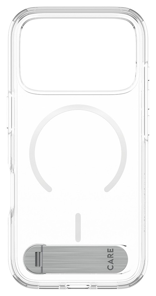 Dos transparent de la coque PanzerGlass CARE avec anneau MagSafe et béquille repliée