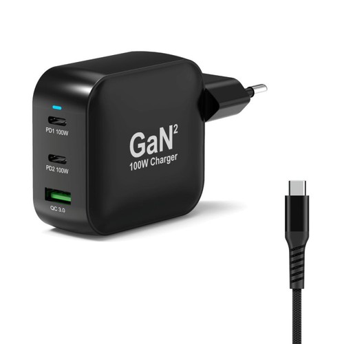 Chargeur GaN² 100 W compact vu de trois quarts avec son câble USB-C tressé de 2 m