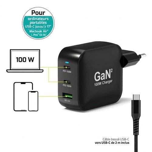 Infographie du chargeur GaN² 100 W : compatibilité USB-C jusqu'à 17 pouces, câble USB-C tressé de 2 m inclus