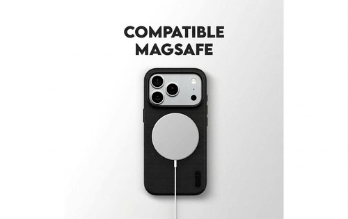 Coque noire Fusion Fabric en recharge avec un chargeur MagSafe