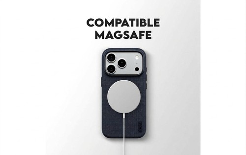 Coque PanzerGlass Fusion Fabric bleue connectée à un chargeur MagSafe