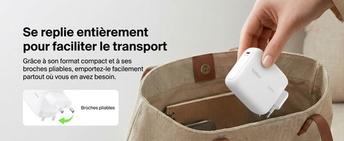 Chargeur Belkin compact à broches pliables rangé dans un sac