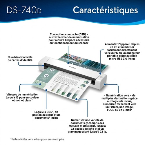 Fonctions du scanner Brother DS-740D : USB, numérisation et logiciels inclus