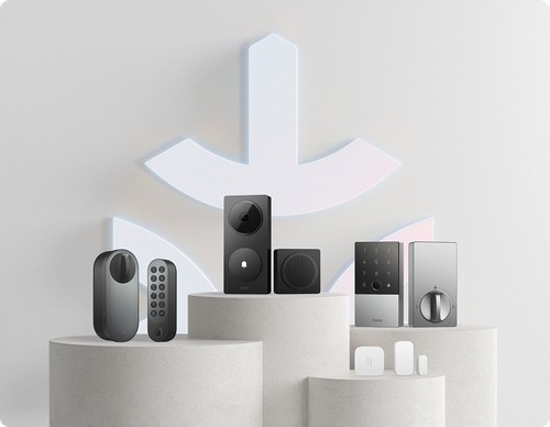 Écosystème de produits connectés Aqara : serrure, clavier, sonnette vidéo, carillon et capteurs