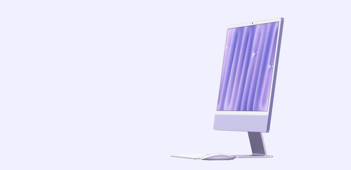 iMac 24 pouces en finition violet, design fin avec pied mince en aluminium et clavier assorti