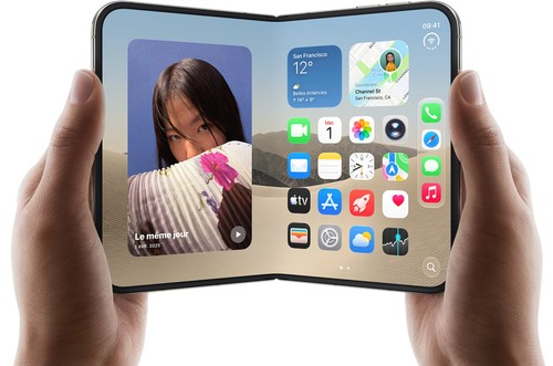 iPhone Duo ouvert, grand écran Super Retina XDR avec widgets et apps