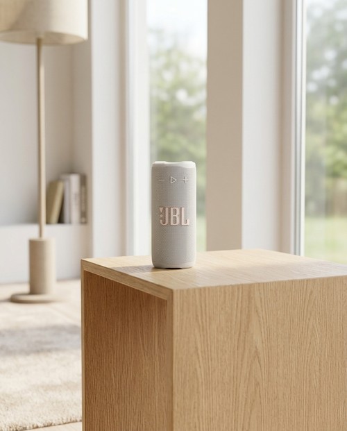 Enceinte JBL Grip Blanche sur table basse dans un intérieur lumineux
