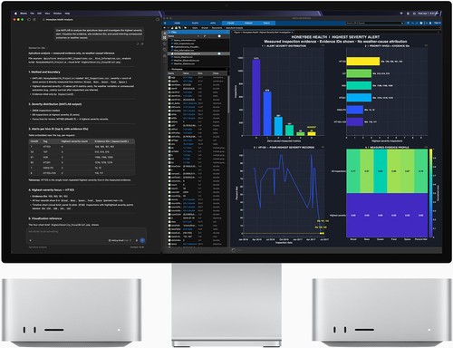 Mac Studio et applications d'analyse IA locale affichées à l'écran