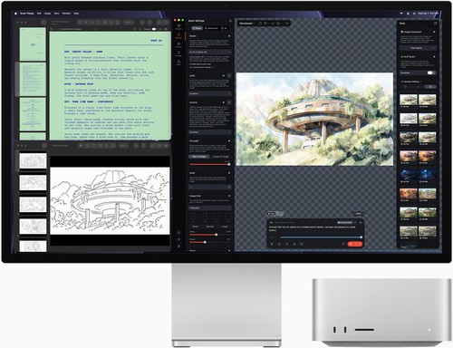Mac Studio et applications d'intelligence artificielle affichées à l'écran