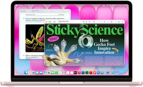 MacBook Neo rose poudré ouvert, écran affichant des documents de recherche et un questionnaire