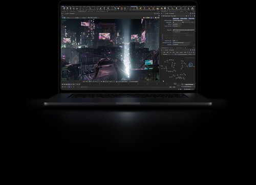 Puce M5 Pro du MacBook Pro, logiciel 3D/VFX complexe illustrant la puissance de calcul