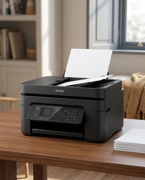 Imprimante Epson WorkForce WF-2930DWF installée sur un bureau à domicile
