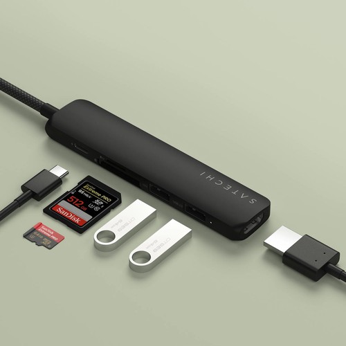 Infographie des ports du hub Satechi 6-en-1 : HDMI, USB-C PD, USB-A, lecteurs SD et microSD
