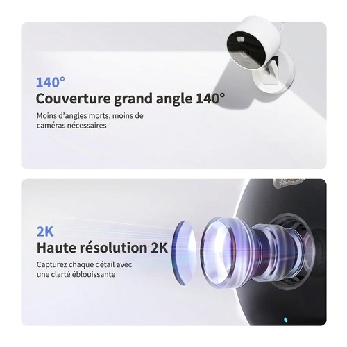 Infographie des caractéristiques de la caméra Aqara G100 : résolution 2K et couverture grand angle 140°