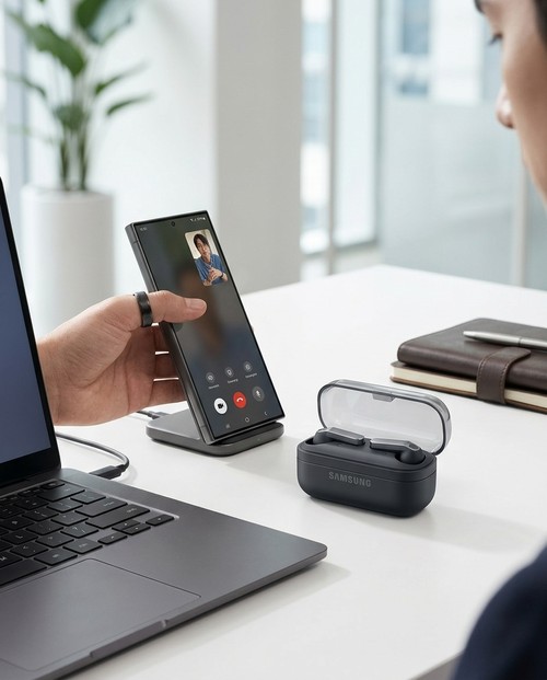 Galaxy Buds4 Pro sur un bureau avec smartphone, appels clairs