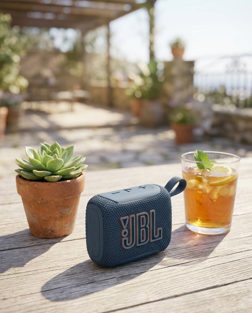 JBL GO 5 Bleue en usage sur une terrasse ensoleillée