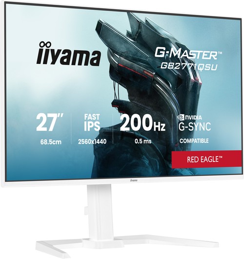 Vue trois-quarts iiyama G-Master GB2771QSU blanc — présence 27 pouces, pied ergonomique et finition claire