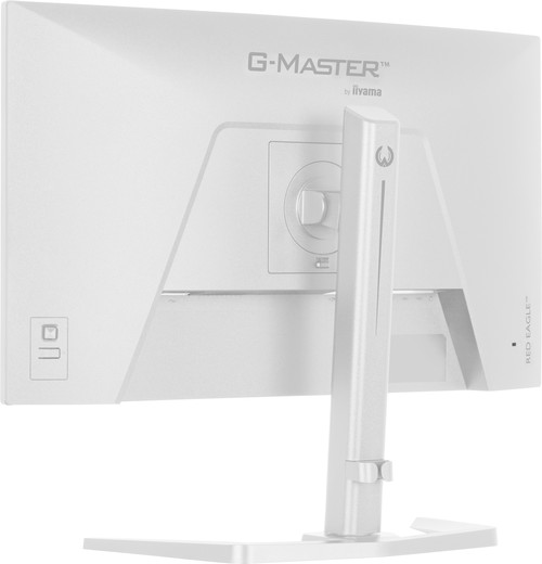 Arrière trois-quarts du iiyama G-Master GB2771QSU blanc — design monolithique mat, finition intégrale blanche