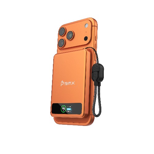 Batterie BMX SolidSafe 5K Orange fixée magnétiquement au dos d'un iPhone via Qi2