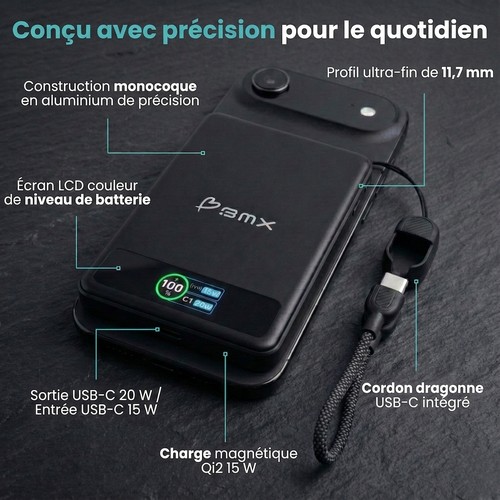 Infographie BMX SolidSafe 5K &mdash; écran LCD, charge Qi2 15 W, USB-C 20 W et cordon intégré