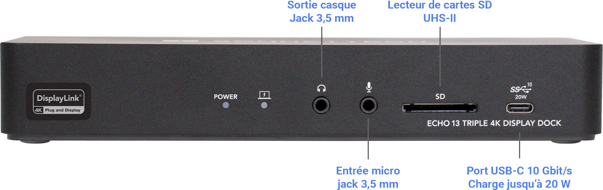 Station d'accueil USB-C 4K, pour 2 ou 3 moniteurs HDMI/DisplayPort,  DisplayLink