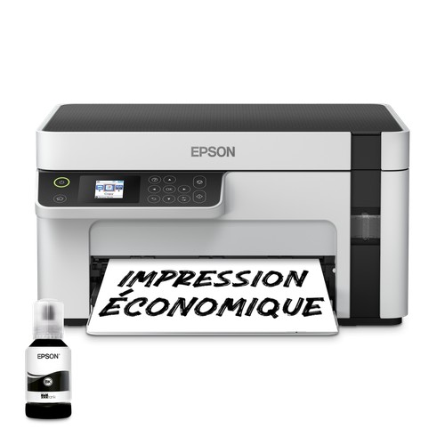 Epson EcoTank ET-M2120 avec bouteille d'encre et document imprimé