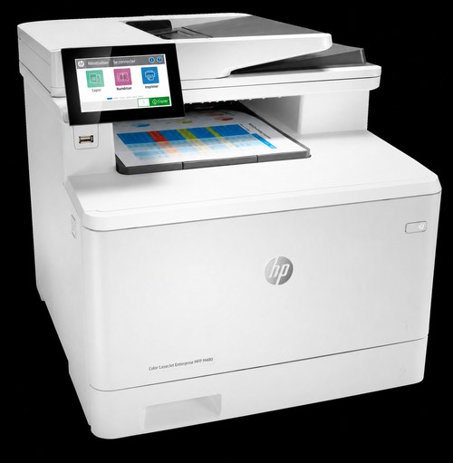 Imprimante multifonction HP Color LaserJet Enterprise M480f avec document couleur en sortie