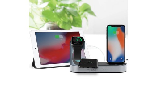 Promate PowerState Gris - Station de charge Qi iPhone, Apple Watch, AirPods