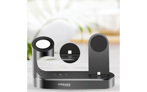 Promate PowerState Gris - Station de charge Qi iPhone, Apple Watch, AirPods