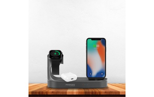 Promate PowerState Gris - Station de charge Qi iPhone, Apple Watch, AirPods