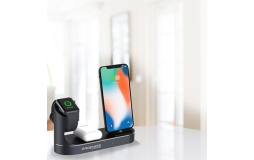 Promate PowerState Gris - Station de charge Qi iPhone, Apple Watch, AirPods