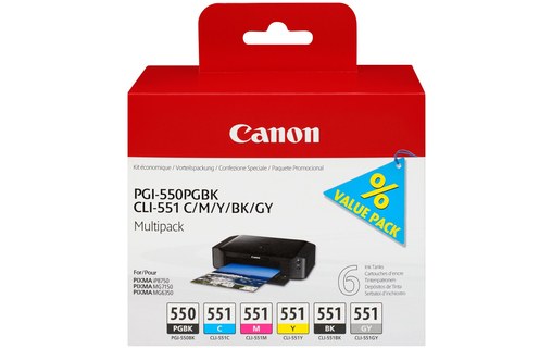 Canon PGI-550PGBK + CLI551 (PGBK/C/M/Y/BK/GY) Original Photo noire, Photo cyan,