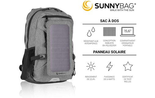 SunnyBAG EXPLORER+ Gris / Noir - Sac à dos 15 L avec panneau solaire 6 W