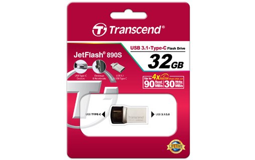 Clé USB-C et USB-A Transcend JetFlash 890 32 Go - Argent, Noir - USB 3.2