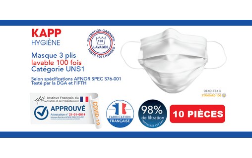 KAPP - Lot de 10 masques Blancs lavables 3 plis 4 couches - Made in France