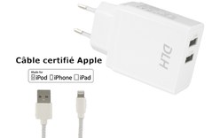 DLH CHARGEUR SECTEUR 2 PORTS USB 12W AVEC CABLE APPLE LIGHTNING MFI POUR IPHONE