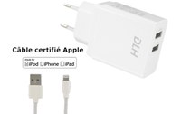 DLH CHARGEUR SECTEUR 2 PORTS USB 12W AVEC CABLE APPLE LIGHTNING MFI POUR IPHONE