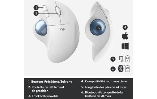 Souris sans fil Logitech ERGO M575 - Blanche - Ergonomique, Trackball