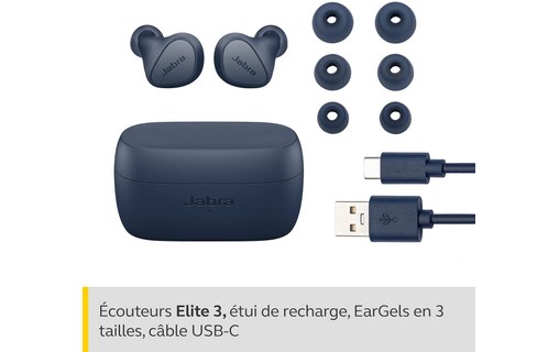 Écouteurs sans fil Jabra Elite 3 à réduction de bruit, Bleu marine - Bluetooth