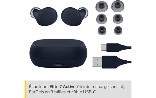 Écouteurs sport Jabra Elite 7 Active + chargeur sans fil, Bleu marine, Bluetooth