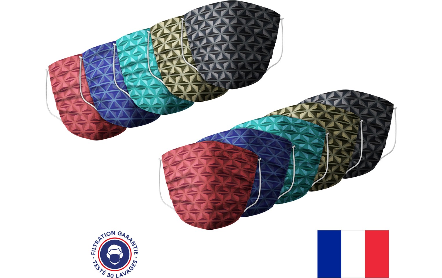 Barral - Lot de 10 masques lavables & recyclables Made in France Motifs Triangle