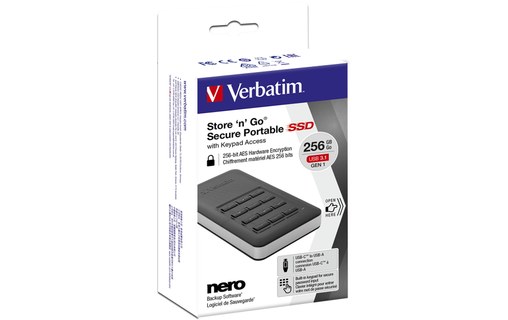 Verbatim Store 'n' Go Secure 256 Go - Argent, Noir - SSD externe USB-C - 53402