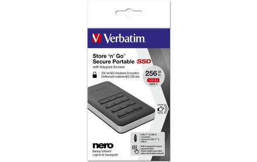 Verbatim Store 'n' Go Secure 256 Go - Argent, Noir - SSD externe USB-C - 53402