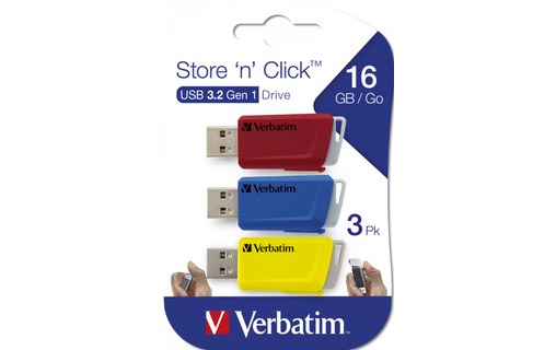 Lot de 3 Clé USB Verbatim Store 'n' Click 16 Go - Bleu, Rouge, Jaune - USB 3.2