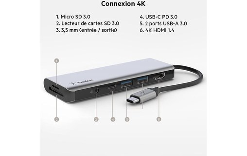 Belkin Hub USB-C - Station d'accueil 7 ports - Charge USB-C 100W
