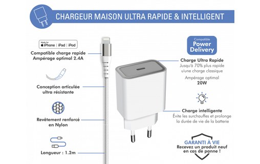 Chargeur secteur USB-C 20 W + Câble USB-C / Lightning 1,2 m - Force Power