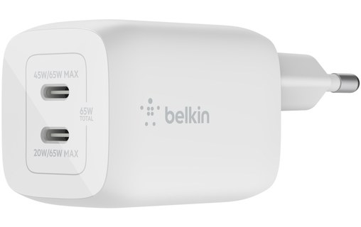 Chargeur USB-C 65 W GaN 2 ports iPhone, iPad, Mac - Belkin